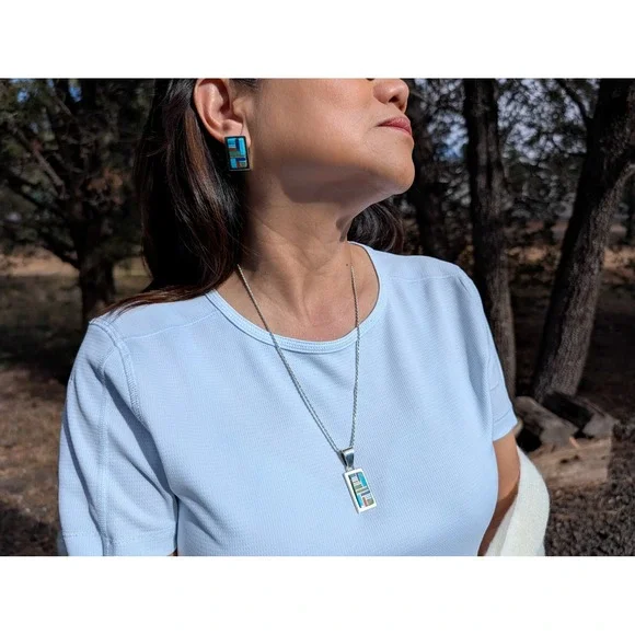 Authentic Patricia Becenti Navajo Inlay Necklace & Earring Set Mosaic Jewelry**